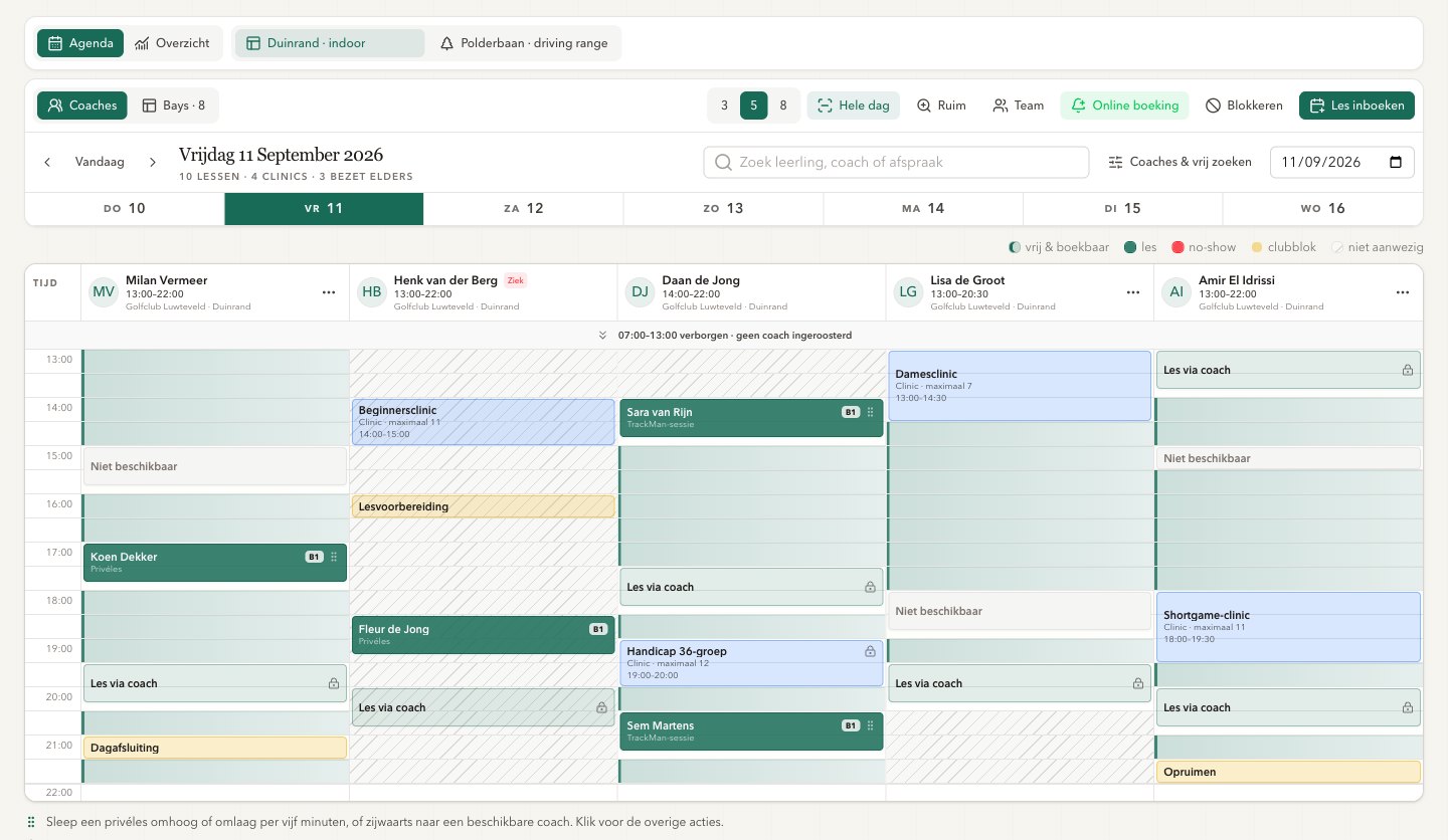 ClubDesk dagplanner met vijf pro's naast elkaar: lessen, clinics, blokkeringen en vrije uren op één dag