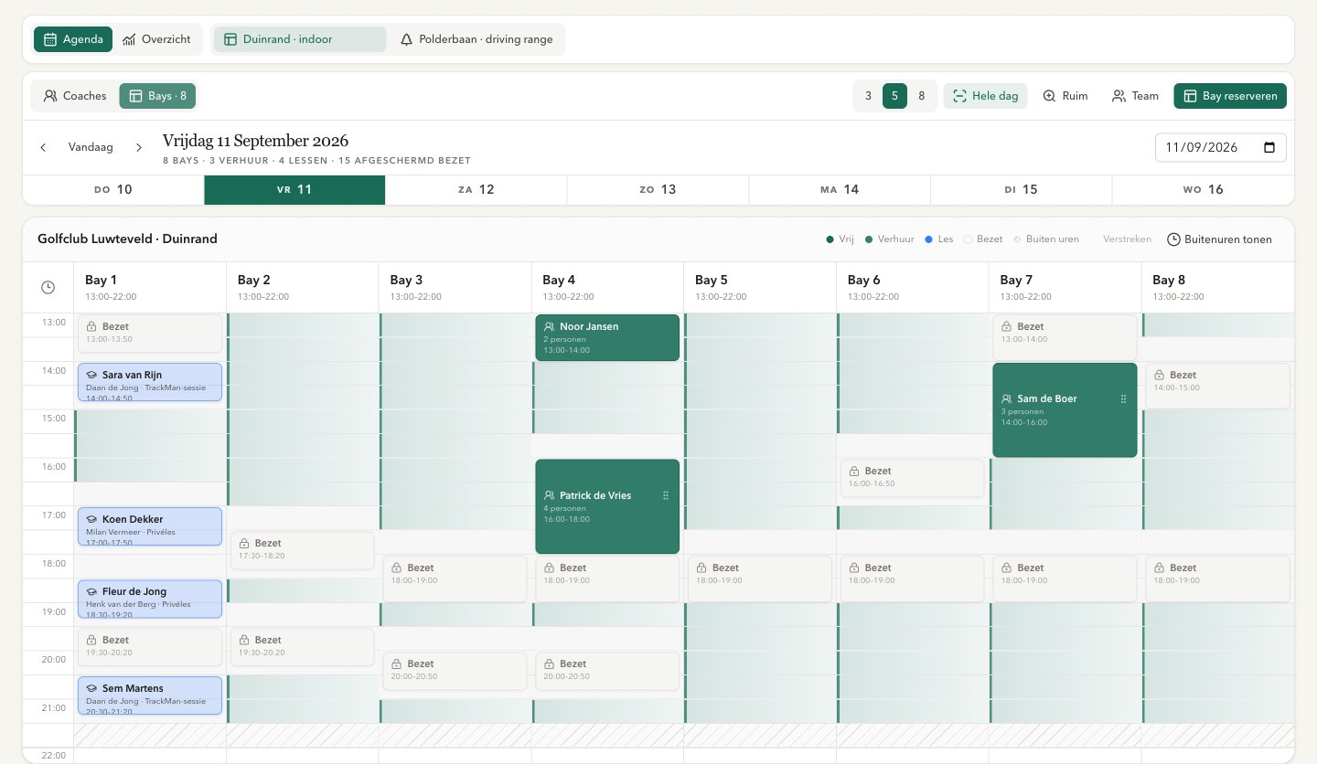 ClubDesk dagplanner met de pro's van een club naast elkaar: lessen, clinics, blokkeringen en vrije uren op één dag