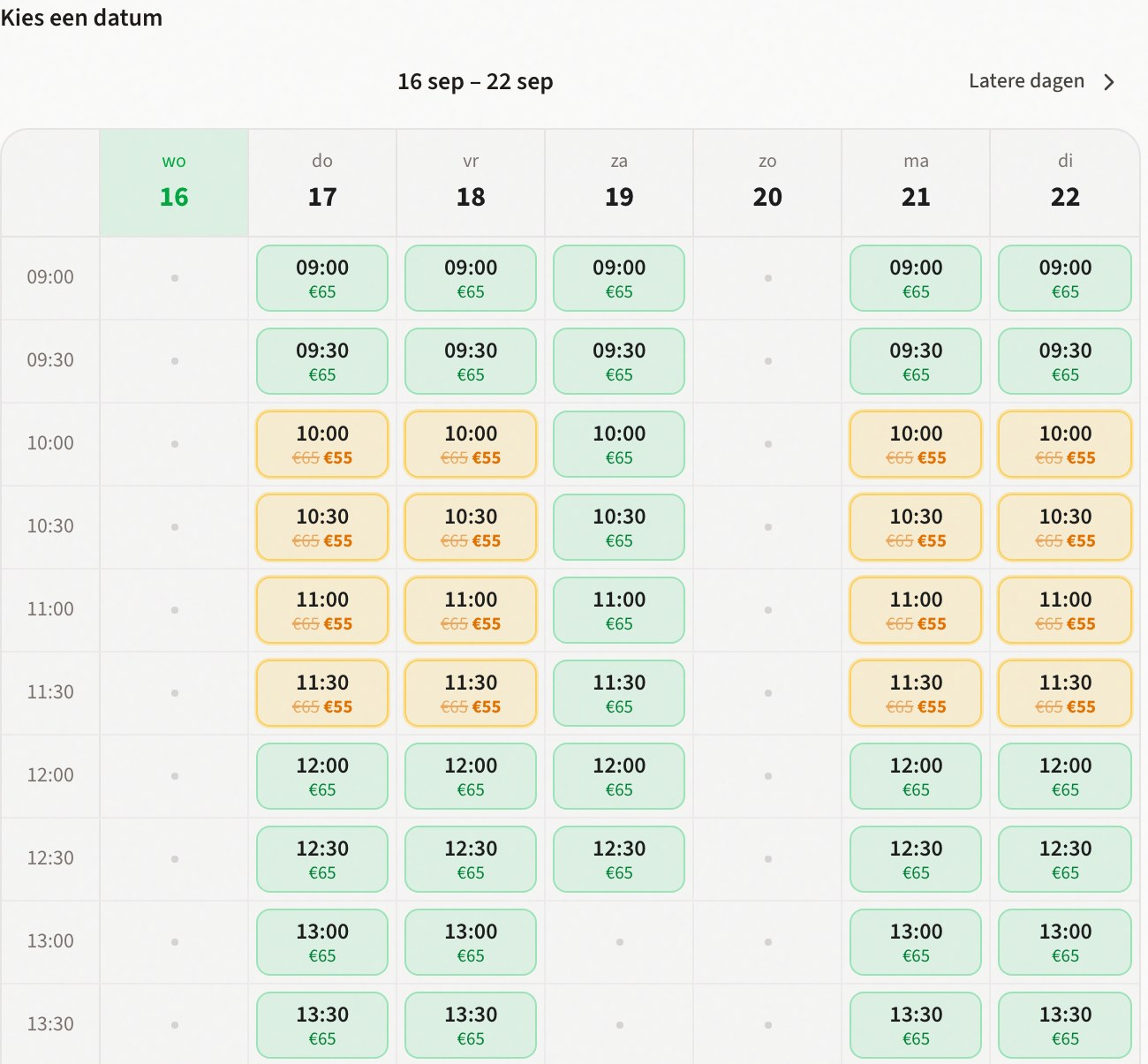 De boekpagina van een coach: een weekrooster waarin de rustige ochtenduren €55 kosten in plaats van €65